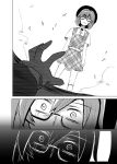  blood blood_splatter bolo_tie comic fedora glasses greyscale hat highres kirameki_haruaki low_twintails maribel_hearn medium_hair monochrome multiple_girls outstretched_hand school_uniform short_sleeves touhou translated twintails usami_sumireko vest 