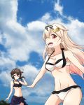  ahoge bikini black_hair black_ribbon black_sarong blonde_hair blue_eyes blue_sky braid breasts cleavage cloud collarbone commentary_request cowboy_shot day gradient_hair groin hair_flaps hair_ornament hair_over_shoulder hair_ribbon hairclip highres kantai_collection long_hair looking_at_viewer minosu multicolored_hair multiple_girls navel one_eye_closed open_mouth outdoors red_eyes remodel_(kantai_collection) ribbon sarong shigure_(kantai_collection) single_braid sky smile swimsuit tree white_bikini yuudachi_(kantai_collection) 