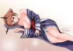  beige_background blue_kimono blue_panties breasts brown_hair dated feet_out_of_frame gradient gradient_background green_eyes hairband headgear japanese_clothes kantai_collection kimono large_breasts looking_at_viewer lying maira_gen mutsu_(kantai_collection) on_side panties pantyshot parted_lips short_hair solo striped striped_kimono twitter_username underwear yukata 
