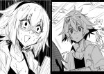  2boys antenna_hair astolfo_(fate) casual comic commentary_request constricted_pupils crowd fate/apocrypha fate/grand_order fate_(series) greyscale haoro jeanne_d'arc_(fate)_(all) jeanne_d'arc_(swimsuit_archer) monochrome multiple_boys nervous_smile open_mouth shaded_face sieg_(fate/apocrypha) silent_comic surprised sweat sweating_profusely 