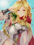  angelia bad_id bad_pixiv_id blonde_hair blue_sky blurry bracer breasts brown_eyes cape day detached_sleeves fur_trim green_ribbon hand_up highres leaning_forward medium_breasts outdoors red_cape ribbon sdorica_-sunset- sidelocks sky smile standing yawai_tofu 