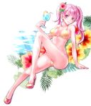  alternate_costume bikini breasts cleavage covered_nipples cup drinking_glass drinking_straw fire_emblem fire_emblem:_rekka_no_ken flower full_body hair_flower hair_ornament high_heels knee_up long_hair long_legs medium_breasts nail_polish navel pink_hair plant purple_eyes red_nails serra smile solo swimsuit twintails umehime 