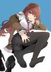  absurdres ass black_shorts blue_background blue_eyes blush boots_removed breasts brown_hair chin_rest collared_shirt deep_skin denim denim_shorts embarrassed feet fripside full_body grabbing_own_thigh highres jacket long_hair long_sleeves lying makise_kurisu medium_breasts necktie off_shoulder on_side open_mouth pantyhose pantyhose_under_shorts shirt short_shorts shorts simple_background solo steins;gate thigh_grab twitter_username two-tone_background white_background 