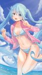  aqua_eyes bibboss39 bikini blue_hair breasts cloud collarbone day eyebrows_visible_through_hair flower hair_flower hair_ornament hatsune_miku highres jacket long_hair looking_at_viewer medium_breasts navel open_mouth outdoors side-tie_bikini sky solo striped striped_bikini swimsuit twintails v very_long_hair vocaloid water 