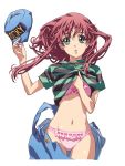  akasaka_mitsuki bow bow_bra bra clothes_writing cowboy_shot double_cast floating_hair frilled_panties frills gotou_keiji green_eyes hat hat_removed headwear_removed holding holding_hat long_hair looking_at_viewer navel non-web_source official_art panties parted_lips pink_bow pink_panties red_hair shirt shirt_lift short_sleeves simple_background solo striped striped_shirt suspenders underwear white_background 