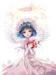  1boy angel_wings bangs bare_shoulders blue_hair bride collarbone collared_shirt commission crying crying_with_eyes_open dress flower frills gloves gradient_hair green_eyes hair_flower hair_ornament hands_on_own_chest hieihirai looking_at_viewer multicolored_hair open_mouth ribbon ryoune_yami shirt smile tearing_up tears trap upper_body utau veil wings 