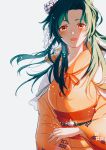  blush commentary_request elincia_ridell_crimea fire_emblem fire_emblem:_akatsuki_no_megami fire_emblem:_souen_no_kiseki fire_emblem_heroes floral_print flower green_hair grey_background hair_flower hair_ornament highres japanese_clothes kimono long_hair nekolook obi open_mouth orange_kimono sash sidelocks simple_background solo wide_sleeves yellow_eyes yukata 