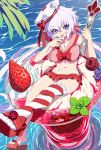  absurdres ahoge bikini blueberry breasts commentary_request dessert eyebrows_visible_through_hair food frilled_bikini frills fruit hat highres ice_cream large_breasts long_hair looking_at_viewer low_twintails navel purple_eyes red_bikini senki_zesshou_symphogear shiny shiny_hair shiny_skin silver_hair single_thighhigh sitting solo spoon strawberry striped striped_legwear swimsuit thighhighs tongue tongue_out twintails uganda water yukine_chris 
