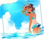  aoba_misaki back bikini bikini_skirt blue blue_eyes blue_sky brown_eyes brown_hair commentary day from_behind goggles goggles_on_head half_updo idolmaster idolmaster_million_live! looking_back miridereningen ocean sailor_collar short_twintails sky snorkel solo standing summer swimsuit tan tanline twintails wading water water_drop wet 