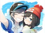  1girl baseball_cap beanie black_hair blue_eyes blue_sky blush closed_eyes closed_mouth cloud commentary_request day grin hat highres miu_(miuuu_721) mizuki_(pokemon) pokemon pokemon_(game) pokemon_sm red_hat short_hair short_sleeves signature sky smile twitter_username you_(pokemon) 