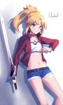  belt blonde_hair blue_shorts bra character_name collarbone denim denim_shorts fate/apocrypha fate_(series) green_eyes groin hair_ornament hair_scrunchie high_ponytail highres holding holding_sword holding_weapon jacket jewelry long_hair looking_at_viewer midriff mordred_(fate) mordred_(fate)_(all) navel necklace open_clothes open_jacket red_jacket red_scrunchie scrunchie shadow short_shorts shorts solo stomach sword underwear weapon white_background white_bra yorktown_cv-5 
