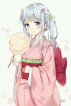  bad_id bad_pixiv_id bangs blue_eyes bow commentary_request cotton_candy derivative_work eromanga_sensei eyebrows_visible_through_hair fingernails flower food grey_background hair_bow hair_flower hair_ornament highres holding holding_food izumi_sagiri japanese_clothes kimono liang_feng_qui_ye long_hair long_sleeves obi pink_bow pink_kimono red_bow sash side_ponytail sidelocks silver_hair solo star wide_sleeves yellow_flower 