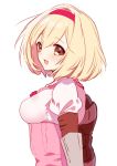  :d ai_(blacktea_milk) armor blonde_hair blush breasts djeeta_(granblue_fantasy) eyebrows_visible_through_hair from_side granblue_fantasy hair_between_eyes hairband highres medium_breasts open_mouth red_hairband short_hair sketch smile solo upper_body yellow_eyes 