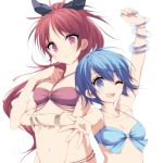  absurdres bad_id bad_pixiv_id bikini blue_bikini blue_eyes blue_hair blue_nails bracelet breasts comiket_94 commentary_request highres jewelry long_hair looking_at_viewer mahou_shoujo_madoka_magica miki_sayaka misteor multiple_girls nail_polish navel necklace one_eye_closed open_mouth ponytail print_bikini red_bikini red_eyes red_hair sakura_kyouko short_hair sidelocks simple_background smile swimsuit white_background 