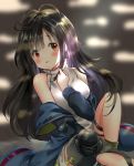  antenna_hair bangs bare_shoulders blue_jacket blurry blurry_background blush breasts brown_hair c-ms_(girls_frontline) commentary depth_of_field dress eyebrows_visible_through_hair girls_frontline grey_legwear hand_up jacket long_hair long_sleeves looking_at_viewer medium_breasts melings_(aot2846) mole mole_under_eye off_shoulder open_clothes open_jacket parted_lips red_eyes round_teeth single_thighhigh sleeveless sleeveless_dress solo tears teeth thighhighs trembling upper_teeth very_long_hair white_dress 