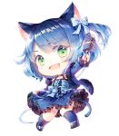  :d animal_ears artist_name bangs blue_dress blue_hair bow cat_ears cat_tail chibi commission dress frilled_dress frills fur_trim green_eyes hair_bow hair_ornament holding holding_microphone jumping long_sleeves looking_at_viewer microphone open_mouth otoko_no_ko ryoune_yami short_hair smile socks solo tail tonowa transparent_background utau 