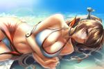  bikini breasts brown_hair cleavage collarbone day headgear highres kantai_collection kokuzoo large_breasts long_hair looking_at_viewer lying navel on_side one_eye_closed outdoors partially_submerged ponytail purple_eyes red_sarong sarong sidelocks smile solo swimsuit very_long_hair white_bikini yamato_(kantai_collection) 