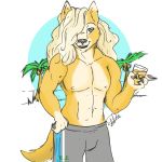  2018 abs alcohol anthro beach beverage biceps blonde_hair blue_eyes canine clothed clothing coconut cute digital_media_(artwork) dog food fruit fur girly glass hair hi_res invalid_tag looking_at_viewer male mammal muscular muscular_male nipples outside palm_tree pecs ruby-kila sand sea seaside shorts simple_background sky smile solo standing swimsuit tree water whiskey wolf yellow_fur 