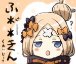  :o ? abigail_williams_(fate/grand_order) bad_id bad_pixiv_id bangs black_bow black_jacket blonde_hair blue_eyes blush bow commentary_request crossed_bandaids engiyoshi fate/grand_order fate_(series) hair_bow hair_bun heroic_spirit_traveling_outfit jacket long_hair looking_at_viewer orange_bow parted_bangs parted_lips polka_dot polka_dot_bow solo translation_request 