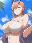  absurdres bangs bikini blue_sky blush braid breasts brown_eyes brown_hair choker cleavage closed_mouth collarbone commentary_request day flower french_braid granblue_fantasy hair_bun hair_flower hair_ornament hairband head_wings highres large_breasts long_hair looking_at_viewer navel sash sidelocks sky smile solo song_(granblue_fantasy) swimsuit tomato_rice twitter_username white_bikini 