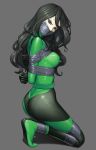  arms_behind_back ass bdsm black_bodysuit black_hair bodysuit bondage bound bound_arms breasts duct_tape gag gbeeee gloves green_bodysuit green_eyes green_hair improvised_gag kim_possible kneeling large_breasts long_hair shego solo sweat tape tape_bondage tape_gag 