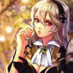  armor blurry blurry_background breasts brooch cleavage esther female_my_unit_(fire_emblem_if) fire_emblem fire_emblem_if gloves hair_between_eyes hairband hand_in_hair jewelry lips long_hair medium_breasts my_unit_(fire_emblem_if) pink_eyes signature silver_hair single_glove solo upper_body 