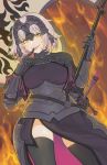  ahoge armor armored_dress artist_name black_dress breasts chain commentary dress english_commentary fate/grand_order fate_(series) faulds finger_licking fire flag from_below gauntlets headpiece highres holding holding_flag jeanne_d'arc_(alter)_(fate) jeanne_d'arc_(fate)_(all) jivke licking looking_at_viewer open_mouth plackart silver_hair thighhighs tongue tongue_out yellow_eyes 