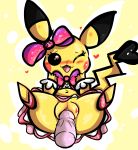  &lt;3 :3 anthro bow butt cleft_tail clothing cosplay_pikachu cute duo eyelashes female focus hand_on_cheek happy looking_at_viewer male male/female mammal nintendo one_eye_closed penis pikachu pikachu_pop_star pok&eacute;mon pok&eacute;mon_(species) pussy simple_background skirt slippers solo_focus spread_legs spreading tasteydonuts upskirt video_games 