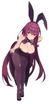  absurdres alternate_costume animal_ears bare_shoulders bent_over black_leotard breasts bunny_ears bunny_girl bunny_tail bunnysuit cleavage_cutout commentary_request covered_navel fake_animal_ears fate/grand_order fate_(series) full_body hajime_(hajime-ill-1st) high_heels highres large_breasts leotard long_hair looking_at_viewer pantyhose purple_hair red_eyes scathach_(fate)_(all) scathach_(fate/grand_order) simple_background smile solo tail wrist_cuffs 