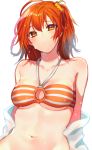  ai_(blacktea_milk) bikini blush breasts brilliant_summer cleavage cowboy_shot eyebrows_visible_through_hair fate/grand_order fate_(series) fujimaru_ritsuka_(female) groin hair_between_eyes hair_ornament hair_scrunchie medium_breasts navel orange_eyes orange_hair scrunchie short_hair side_ponytail strapless striped striped_bikini swimsuit tubetop wet white_background 