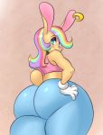  big_butt bonkers_(vimhomeless) bra butt butt_pose clothing ear_piercing fur hair hi_res lagomorph looking_at_viewer looking_back male mammal piercing rabbit ruruduu smile solo sports_bra underwear 