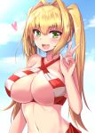  :d ahoge bikini blonde_hair blue_sky blush breasts cloud day earrings eyebrows_visible_through_hair fate/grand_order fate_(series) green_eyes heart highres jewelry kihou_no_gotoku_dmc large_breasts long_hair looking_at_viewer navel nero_claudius_(fate)_(all) nero_claudius_(swimsuit_caster)_(fate) open_mouth sky smile solo striped striped_bikini swimsuit twintails upper_body v 