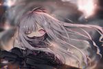  ak-12 ak-12_(girls_frontline) assault_rifle bangs black_gloves black_ribbon blurry blurry_background braid breasts cloak commentary explosion eyebrows_visible_through_hair floating_hair french_braid gas_mask girls_frontline gloves glowing glowing_eye gun highres holding holding_gun holding_weapon jacket light_particles long_hair long_sleeves looking_at_viewer medium_breasts one_eye_closed outdoors pollity purple_eyes ribbon rifle sidelocks silver_hair smoke solo tactical_clothes very_long_hair weapon wind wind_lift 