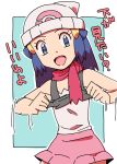  1girl bare_shoulders beanie black_shirt blue_background blue_eyes blue_hair female flat_chest hair_ornament hairclip hands_up hat hikari_(pokemon) japanese_text lifted_by_self long_hair looking_at_viewer matching_hair/eyes motion_lines natsunagi_takaki open_mouth outline pink_scarf pink_skirt poke_ball_theme pokemon pokemon_(game) pokemon_dppt scarf shirt shirt_lift simple_background skirt sleeveless sleeveless_shirt smile solo standing translation_request undershirt white_hat white_outline 