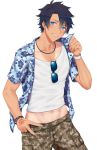  absurdres adonis_belt ayana2123 black_hair blue_eyes camouflage camouflage_shorts character_name command_spell cowboy_shot fate/grand_order fate_(series) fujimaru_ritsuka_(male) hawaiian_shirt head_tilt highres jewelry looking_at_viewer male_focus midriff navel necklace open_clothes open_shirt shirt shorts simple_background smile solo sunglasses tan tank_top tanline tropical_summer v white_background wristband 