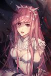  artist_name bangs black_gloves bra breasts brown_eyes cleavage commentary_request dominatrix elbow_gloves fate/grand_order fate_(series) frills gloves h_sueun highres long_hair looking_at_viewer medb_(fate)_(all) medb_(fate/grand_order) medium_breasts open_mouth pink_hair revision sidelocks skirt smile solo tiara underwear upper_body upper_teeth white_bra white_skirt zelovel 