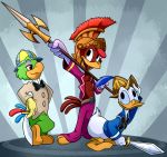  2018 4_fingers absurd_res anthro armor avian beak belt bird blue_sclera bottomless bow_tie chicken clothed clothing crossed_legs digital_drawing_(artwork) digital_media_(artwork) disney donald_duck duck feathers gloves green_feathers group half-closed_eyes helmet hi_res holding_object holding_weapon jos&eacute;_carioca legend_of_the_three_caballeros melee_weapon open_mouth open_smile panchito_pistoles parrot polearm pose red_eyes scepter simple_background smile spear sword tail_feathers the_three_caballeros weapon webbed_feet white_feathers x-blackpearl-x yellow_beak yellow_gloves 
