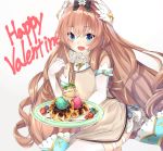  blue_eyes blueberry blush bow commentary_request dessert elbow_gloves eyebrows_visible_through_hair food fruit gloves gold_trim hair_bow hair_ornament happy_valentine ice_cream long_hair looking_at_viewer panda_inu plate sennen_sensou_aigis sidelocks solo strawberry teeny_(sennen_sensou_aigis) valentine very_long_hair waffle white_gloves white_legwear 