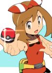  1girl arm_up bag bare_shoulders brown_eyes brown_hair eyebrows_visible_through_hair fanny_pack female hairband hand_up happy haruka_(pokemon) haruka_(pokemon_oras) holding holding_poke_ball natsunagi_takaki open_mouth outstretched_arm poke_ball poke_ball_(generic) pokemon pokemon_(game) pokemon_oras red_hairband red_shirt shiny shirt simple_background sleeveless sleeveless_shirt smile solo two-tone_background 
