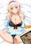  1girl bangs bare_shoulders bikini bikini_aside bikini_pull black_bikini blonde_hair blue_eyes blue_jacket blush braid breasts censored collarbone commentary_request fate/grand_order fate_(series) hair_between_eyes hairband hera_(hara0742) hetero highres jacket jeanne_d'arc_(fate)_(all) jeanne_d'arc_(swimsuit_archer) large_breasts long_hair looking_at_viewer lying mosaic_censoring nipples off_shoulder on_back on_bed one_breast_out open_clothes open_jacket penis pussy sex smile solo_focus spread_legs swimsuit v vaginal very_long_hair 