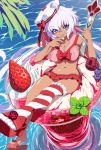  absurdres ahoge bikini blueberry breasts dessert eyebrows_visible_through_hair food frilled_bikini frills fruit hat highres ice_cream large_breasts long_hair looking_at_viewer low_twintails navel purple_eyes red_bikini senki_zesshou_symphogear shiny shiny_hair shiny_skin silver_hair single_thighhigh sitting solo strawberry striped striped_legwear swimsuit tan thighhighs tongue tongue_out twintails uganda water yukine_chris 