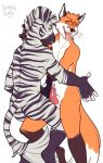  2017 anthro butt canine cum digital_media_(artwork) drops duo equine erection fox frottage fur hair korbin male male/male mammal nude open_mouth penis sex simple_background smile stripes tongue tongue_out xab zebra 