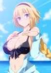  bangs bare_shoulders bikini black_bikini blonde_hair blue_eyes blue_jacket blue_sky blush braid breasts collarbone commentary_request day fate/grand_order fate_(series) hair_between_eyes hairband hands_on_own_chest hera_(hara0742) highres jacket jeanne_d'arc_(fate)_(all) jeanne_d'arc_(swimsuit_archer) large_breasts long_hair looking_at_viewer navel ocean off_shoulder open_clothes open_jacket sky smile swimsuit very_long_hair 