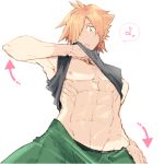  abs adonis_belt black_shirt chest contrapposto directional_arrow fate/extra fate_(series) green_eyes green_pants hair_over_one_eye koukai_kunoki lowres male_focus nipples open_mouth pants pants_pull robin_hood_(fate) shirt shirt_lift simple_background solo spiked_hair standing tan tank_top tanline toned toned_male white_background 