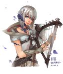  arm_guards au_ra bard_(final_fantasy) blue_eyes dated dragon_horns final_fantasy final_fantasy_xiv fingerless_gloves gloves harp horns instrument lips looking_at_viewer petals scales short_hair signature silver_hair smile solo tuanzi_miao upper_body white_background 