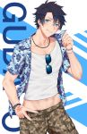  absurdres adonis_belt ayana2123 black_hair blue_eyes camouflage camouflage_shorts character_name command_spell cowboy_shot fate/grand_order fate_(series) fujimaru_ritsuka_(male) hawaiian_shirt head_tilt highres jewelry looking_at_viewer male_focus midriff navel necklace open_clothes open_shirt shirt shorts smile solo sunglasses tank_top tropical_summer v wristband 