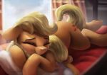  2018 absurd_res applejack_(mlp) bed blonde_hair curtains cute cutie_mark earth_pony equine eyebrows eyelashes eyes_closed female feral floppy_ears freckles friendship_is_magic hair hi_res hooves horse inside lying mammal my_little_pony nude on_bed on_front pillow pony portrait sleeping smile solo vanillaghosties window 