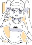  1girl arm_up breasts creatures_(company) female game_freak happy hat holding holding_poke_ball long_hair looking_at_viewer medium_breasts mei_(pokemon) monochrome natsunagi_takaki nintendo open_mouth outline poke_ball poke_ball_(generic) poke_ball_theme pokemon pokemon_(game) pokemon_bw shirt simple_background sketch smile solo teeth tied_hair twin_buns twintails upper_body visor_cap white_outline yellow_background 
