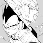  armor black_eyes black_hair blood close-up dirty dirty_face dragon_ball dragon_ball_z dual_persona face frown grey_background greyscale highres looking_to_the_side looking_up majin_vegeta male_focus monochrome multiple_boys panels scouter serious short_hair simple_background spiked_hair super_saiyan tkgsize upper_body vegeta 