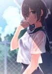  blouse blue_sailor_collar blurry blurry_background blush brown_eyes brown_hair cloud commentary day depth_of_field dripping eyebrows_visible_through_hair fence from_side hair_between_eyes hand_up highres looking_at_viewer original outdoors parted_lips sailor_collar school_swimsuit school_uniform serafuku shirt short_hair short_sleeves solo sparkle swimsuit swimsuit_under_clothes tree u35 water wet wet_blouse wet_clothes wet_hair white_blouse 